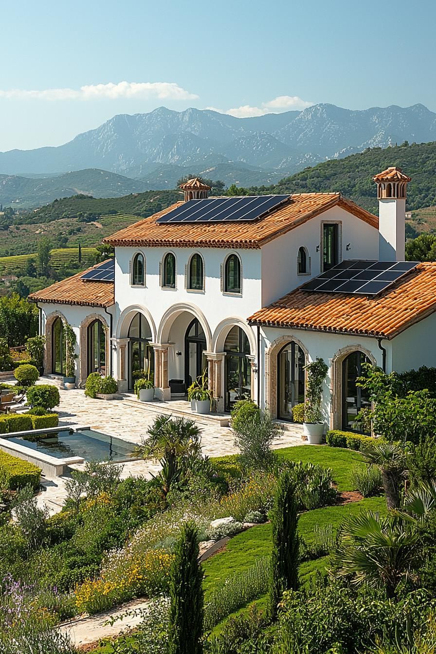 Spectacular villa with solar panels in a lush, mountainous setting