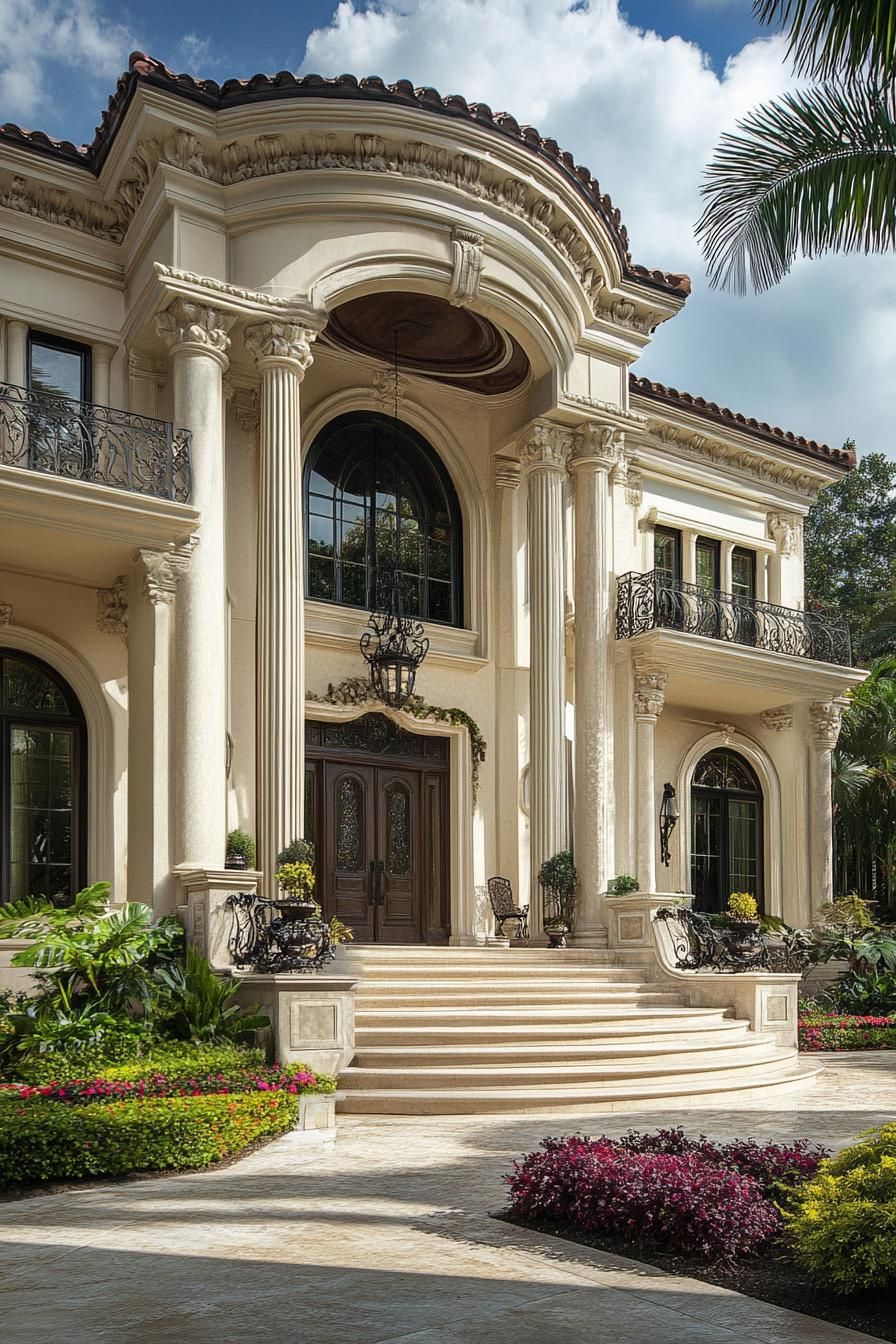 Luxurious mansion facade with grand columns