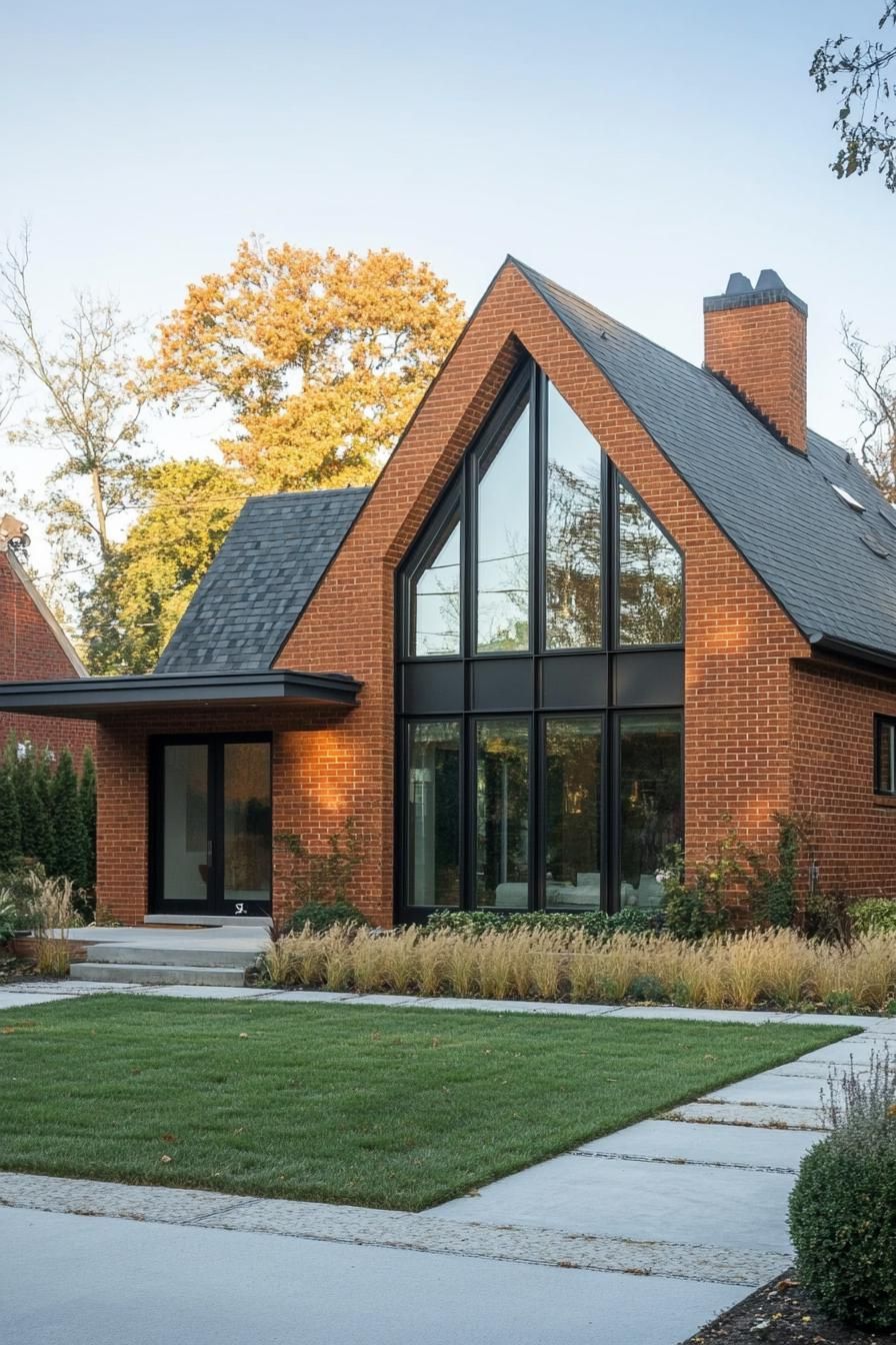 red brick village house with gabled roof large modern windows concrete paved front yard with lawn and native shrubs 2