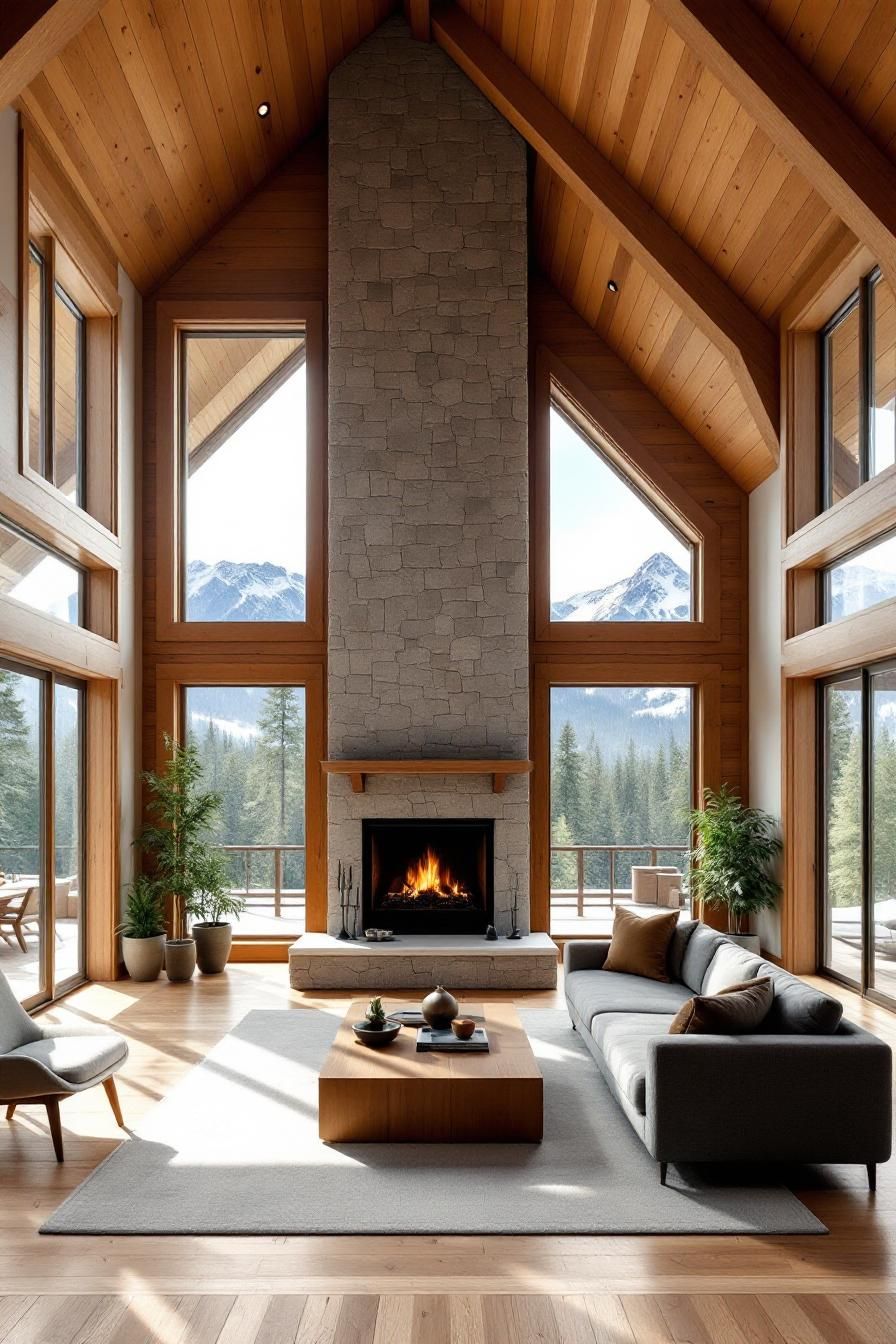 Spacious wooden cabin interior with a stone fireplace