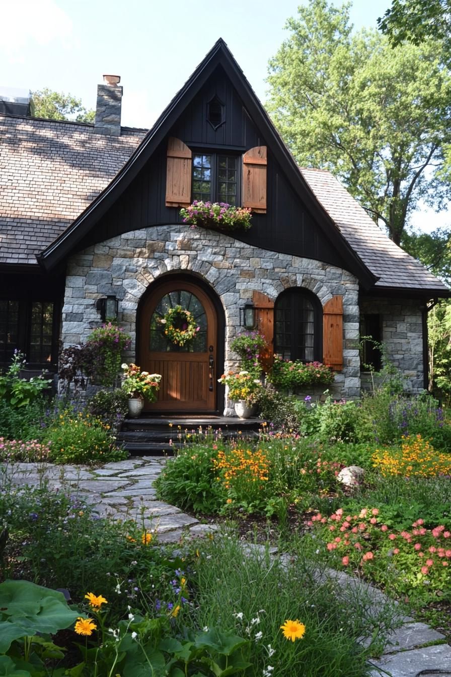 Charming stone cottage surrounded by a colorful garden