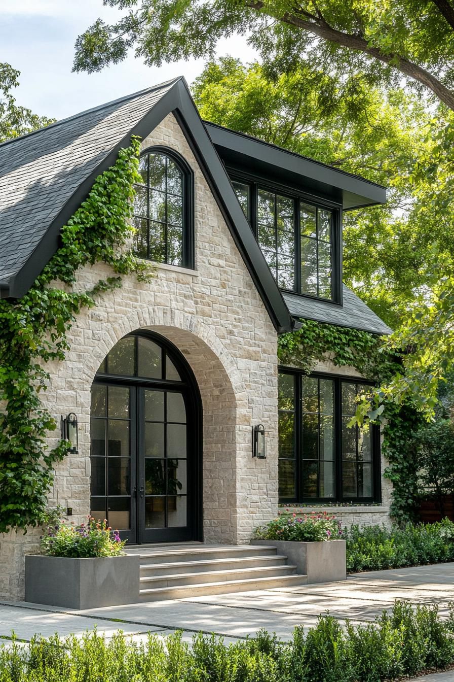 modern cottage with stone brick siding stone grey roof windows with black trim arched entry door wall overgrown with vines paved yard with