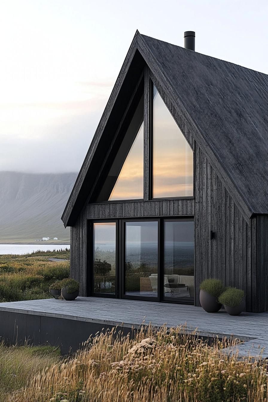 A-frame cabin with large glass windows overlooking a serene landscape