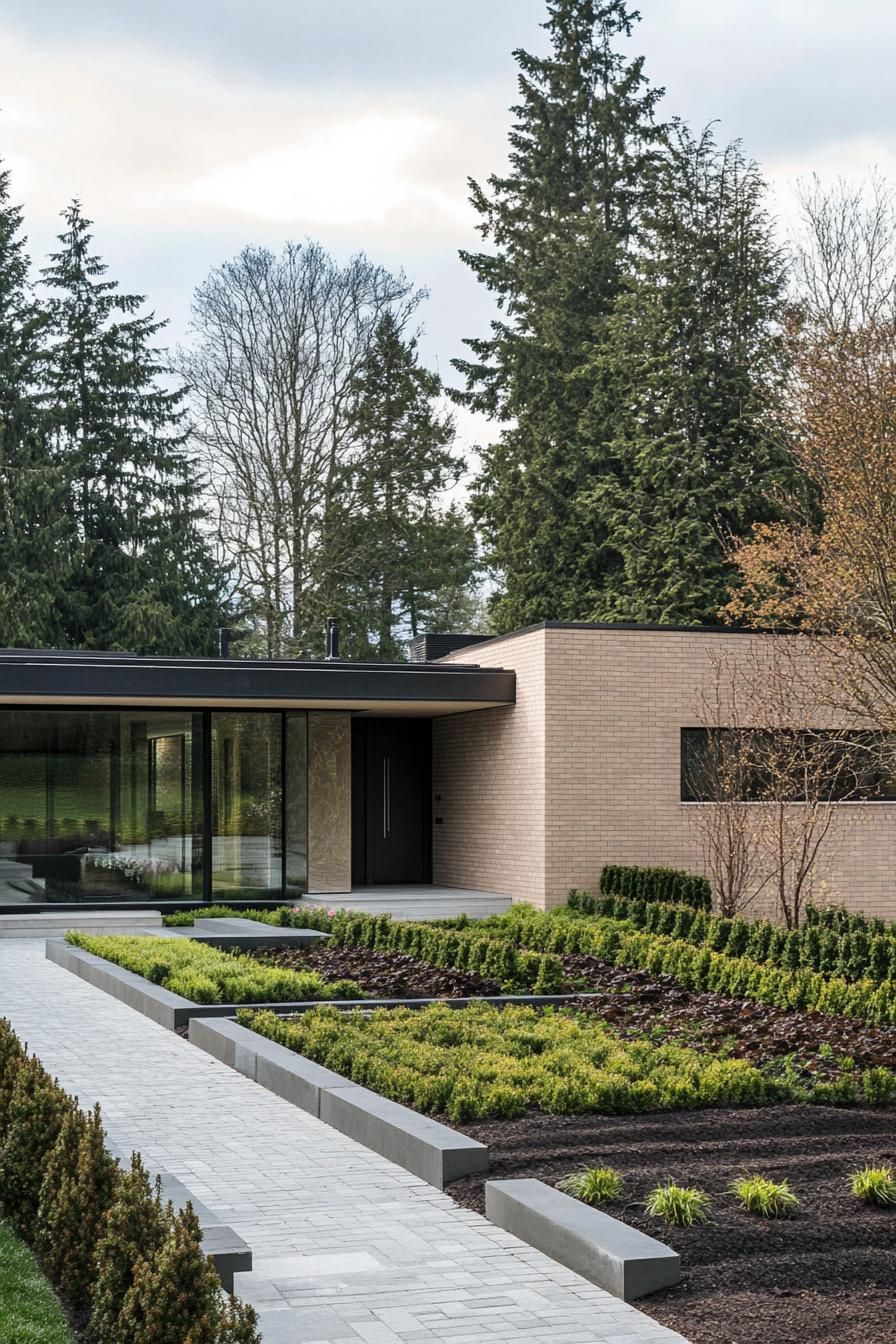 Modern rancher with brick design amidst tall trees