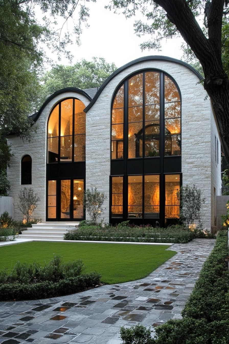 Contemporary stone house with large arched windows