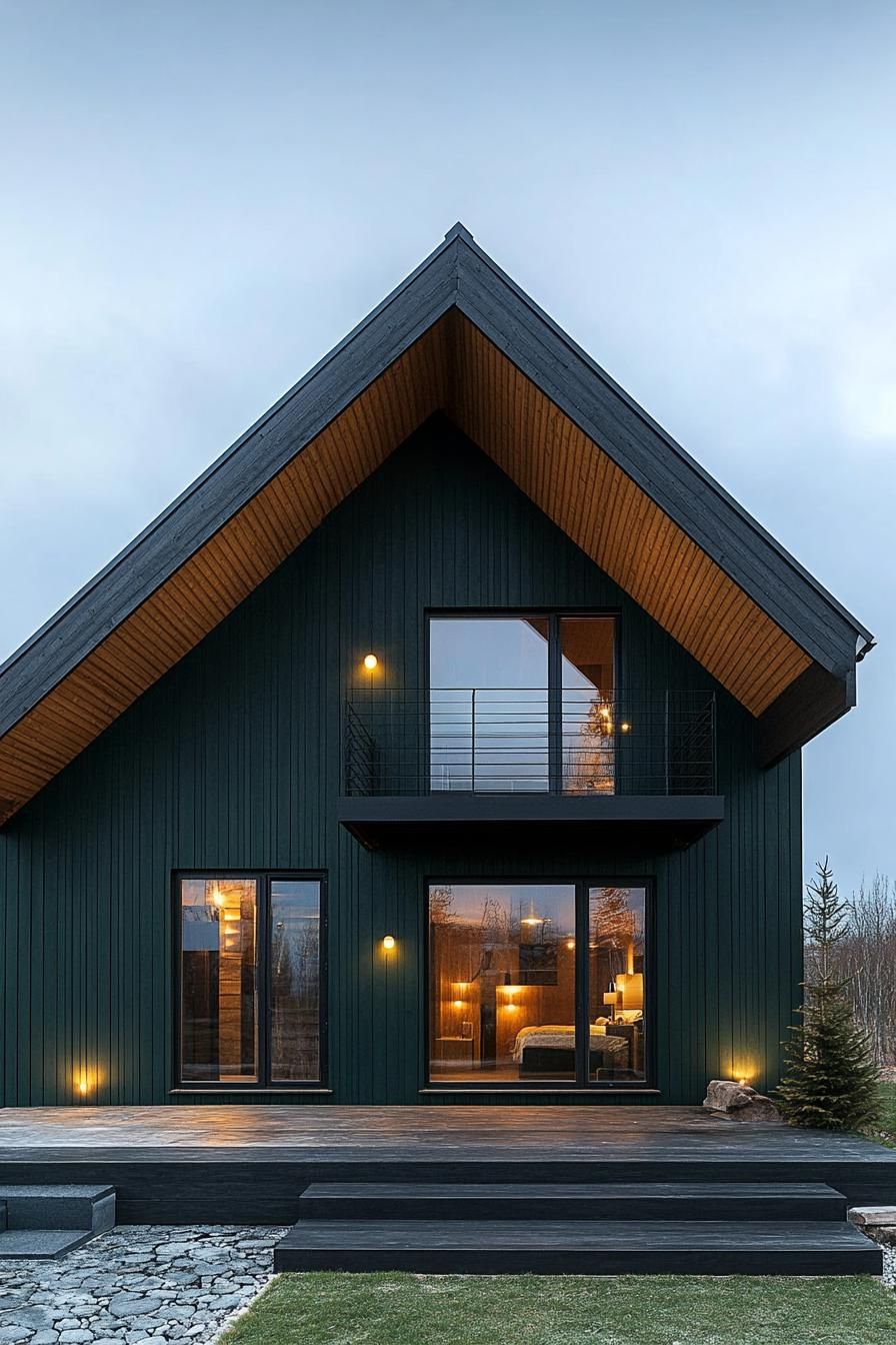 Modern cabin with dark wood finish and large windows