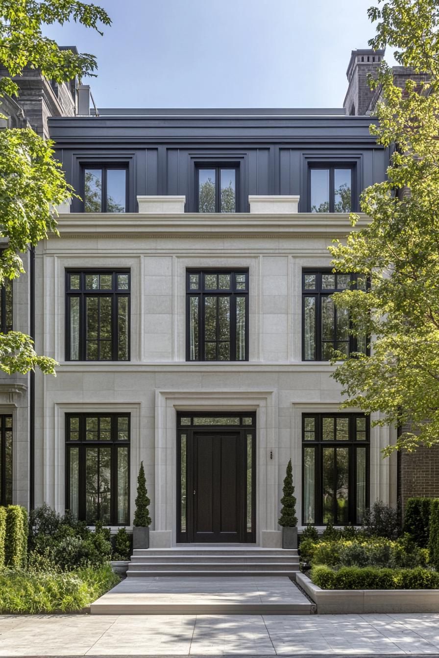 Elegant townhouse facade with large black windows and greenery