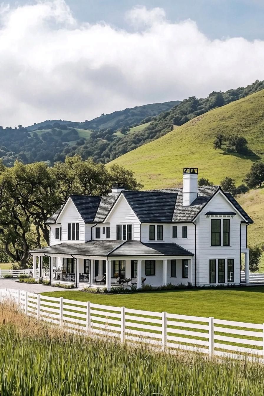 Large white farmhouse with wraparound porch set in lush green hills