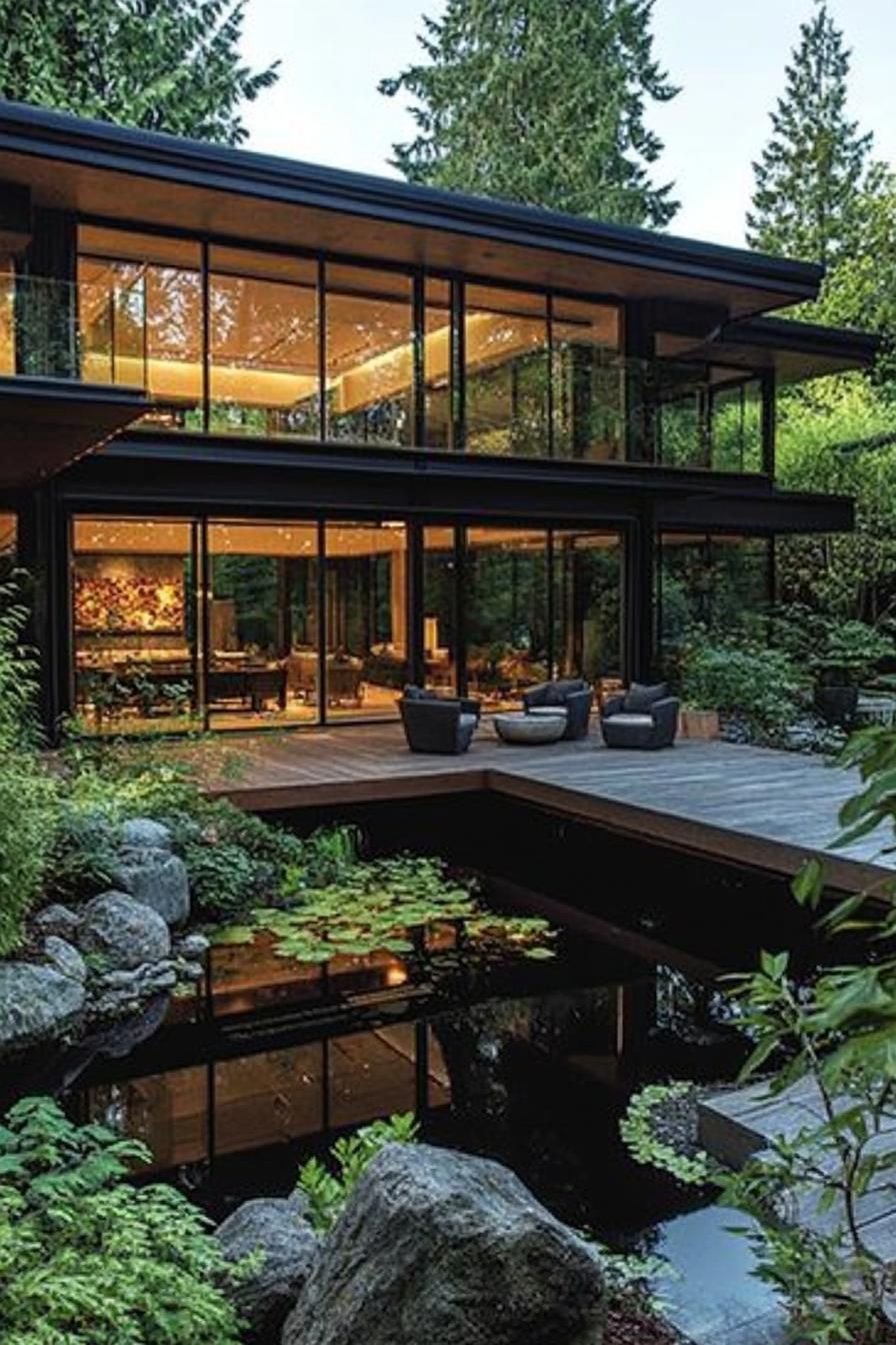 modern dark house courtyard with zen garden large glass windows wooden decks plush furniture pond with rocks and greenery tall lush trees in the