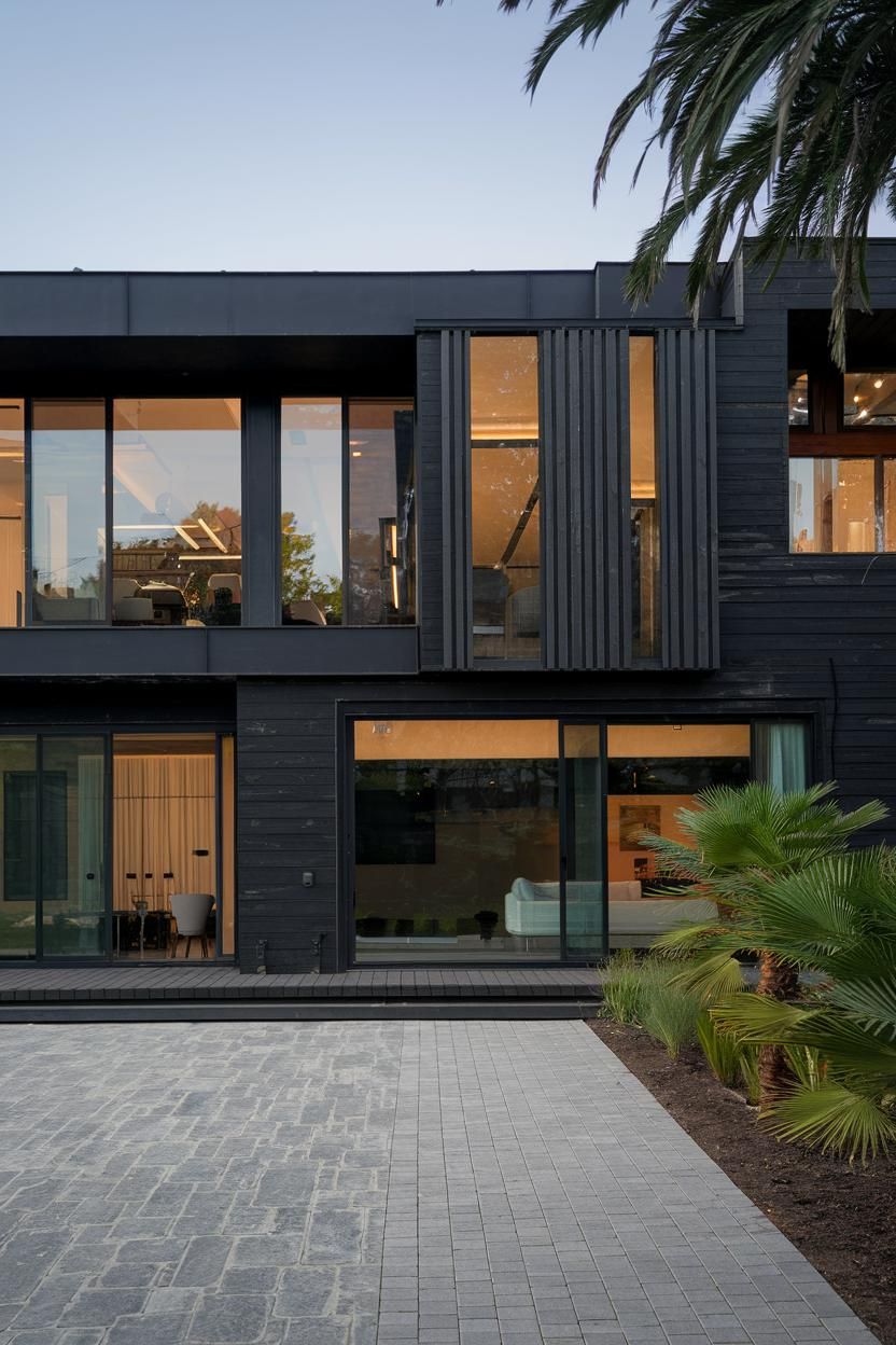 Black modern house with large windows and a sleek design