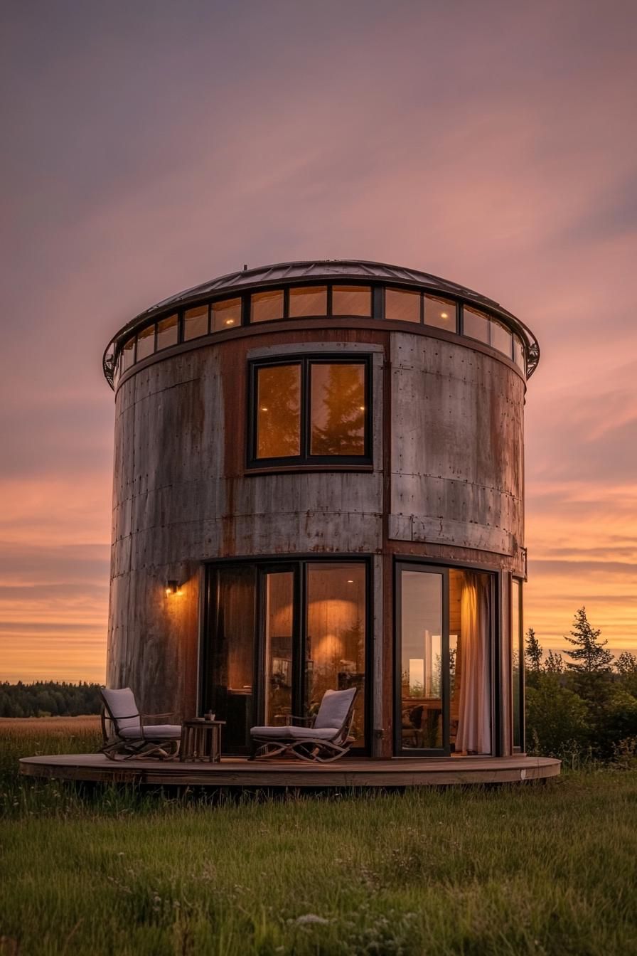 a cabin made of grain silo it has big modern windows and entrance a small patio scenic fields during sunset