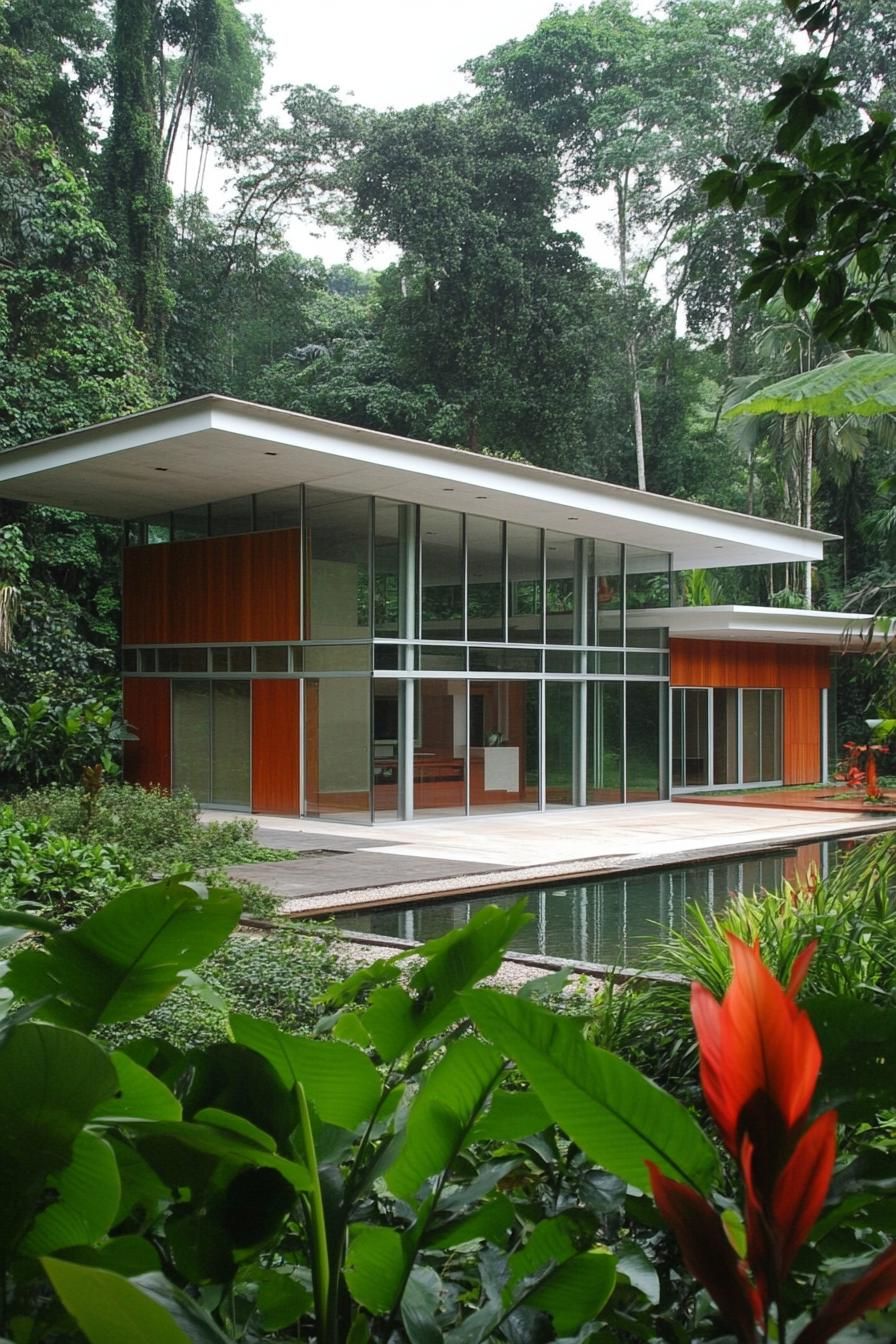 Modern villa with large glass windows in a lush tropical setting