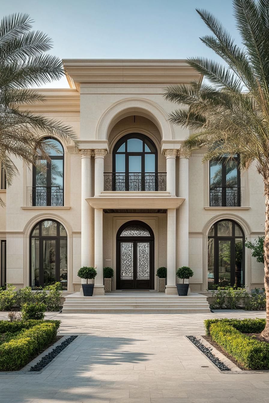 Grandiose entrance with arches and palm trees