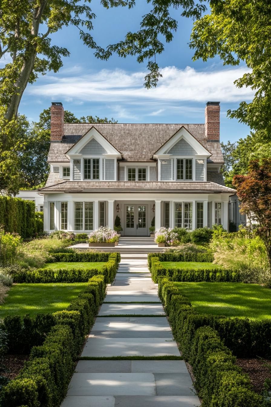 Charming two-story house with manicured garden path