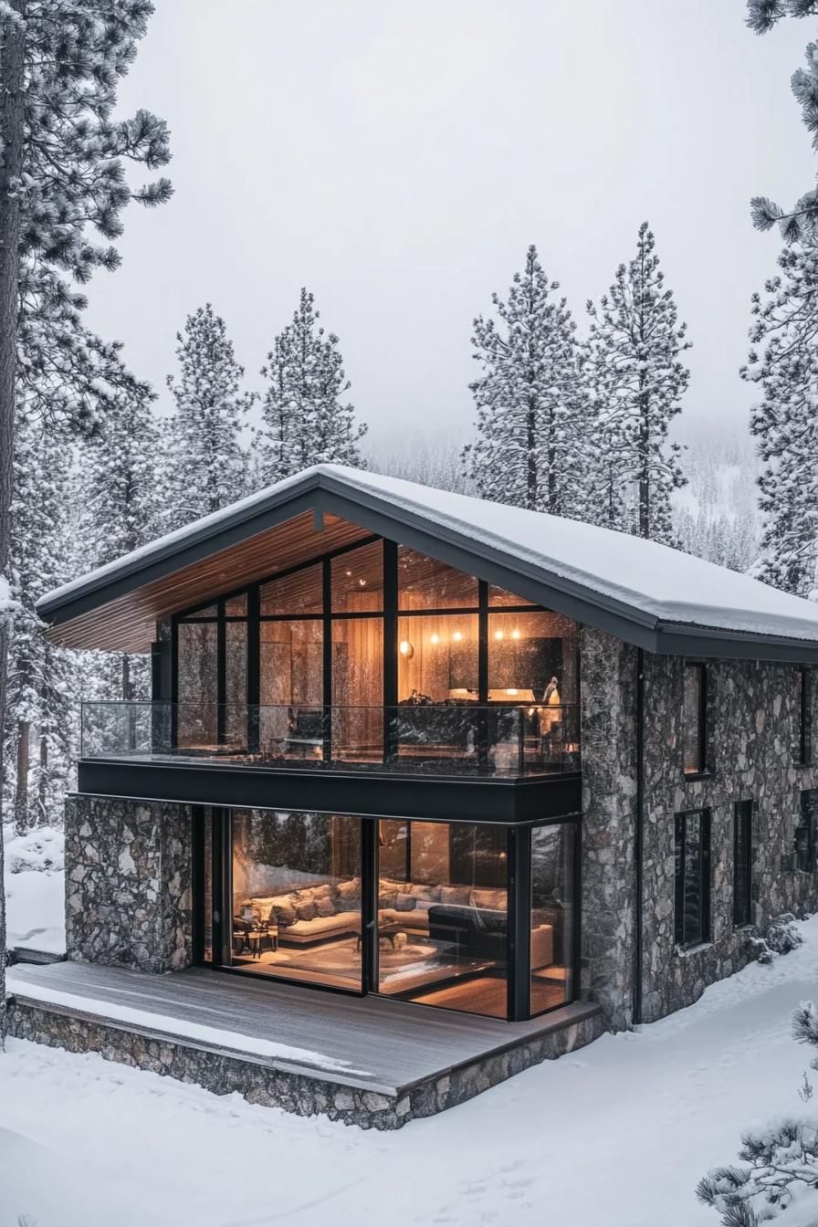 Modern cabin with a glass facade surrounded by snow-covered trees