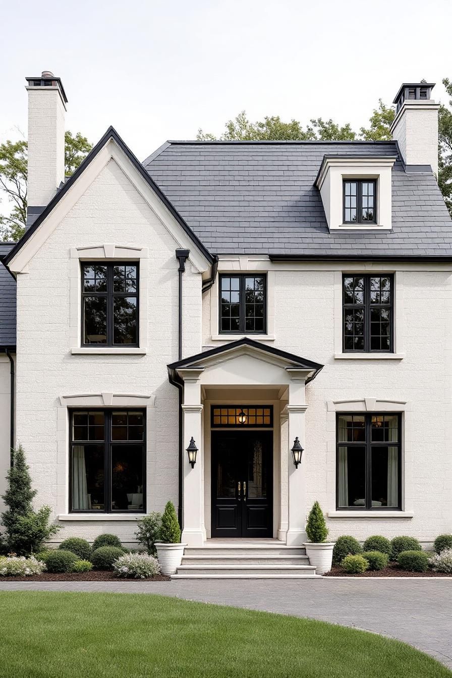 Elegant suburban house with black windows and white brick facade