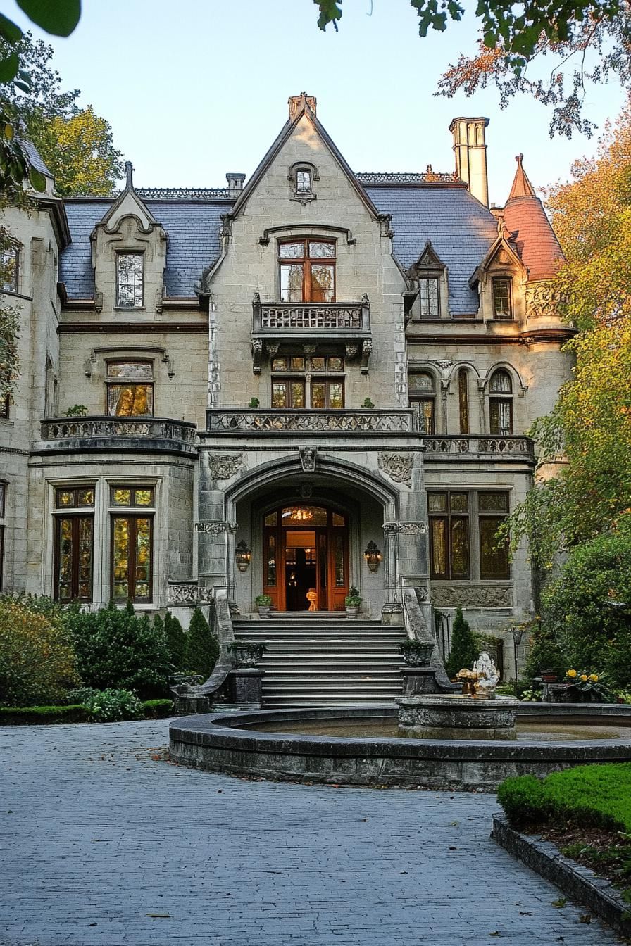 Grand stone mansion with a tower