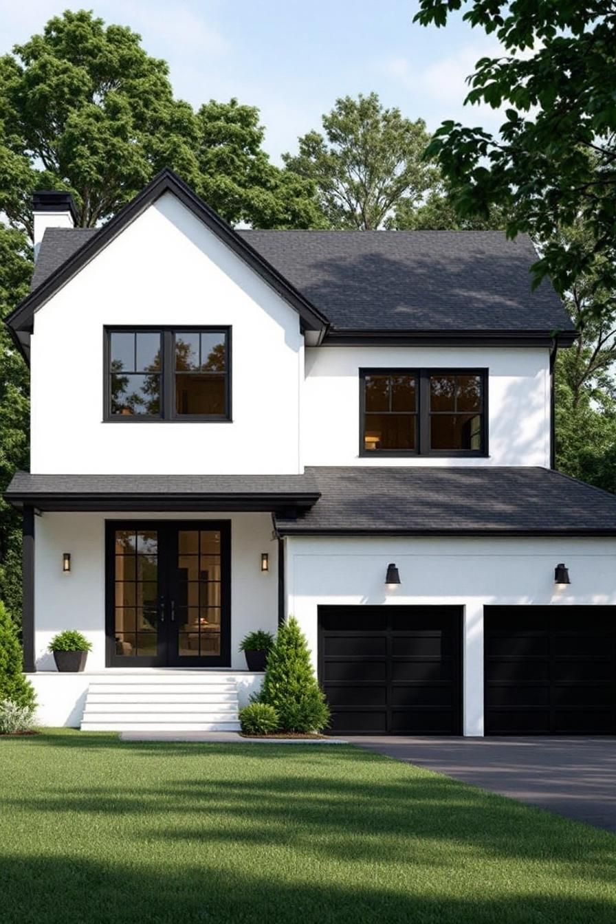 House with black accents framed by green foliage