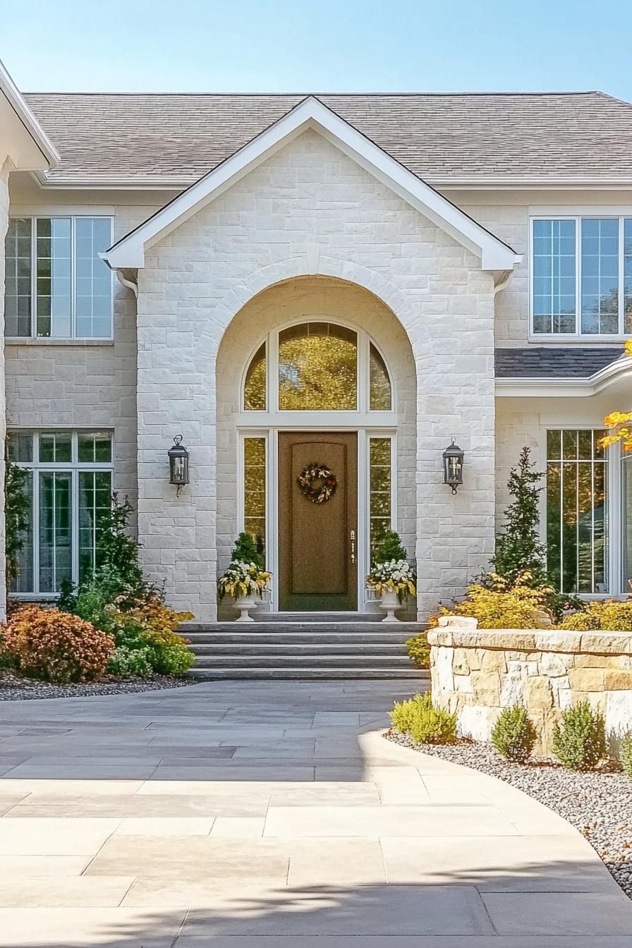 Elegant stone house with arched entryway and large windows