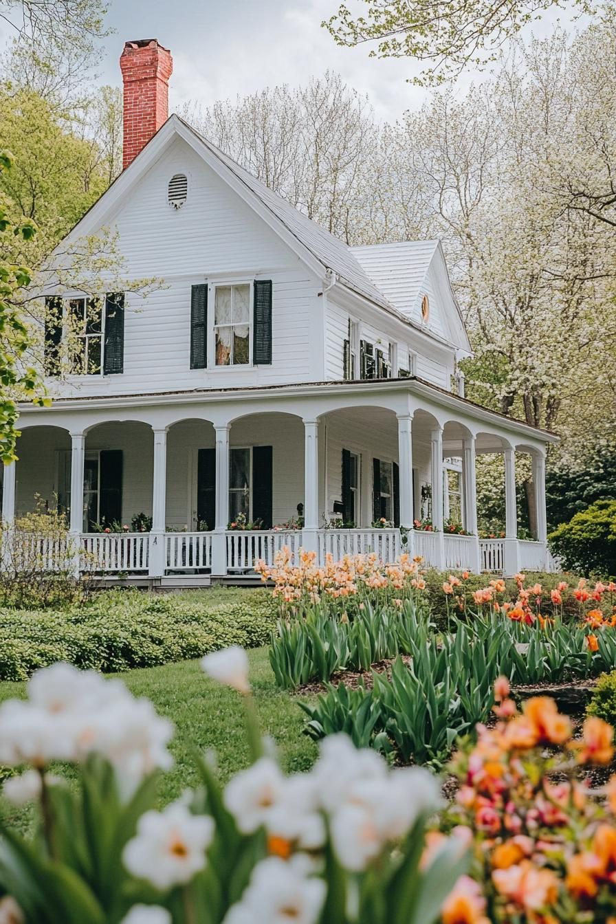 beautiful classic country side white house with a front porch with coloumns with lush front garden with blossoming flowers 2