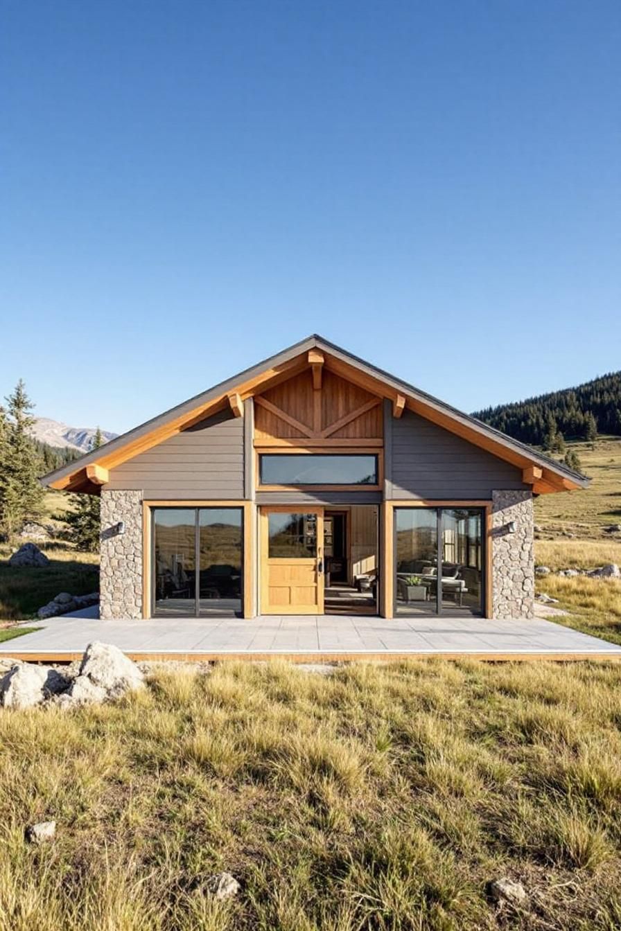 Cozy cabin with a stone facade and large windows