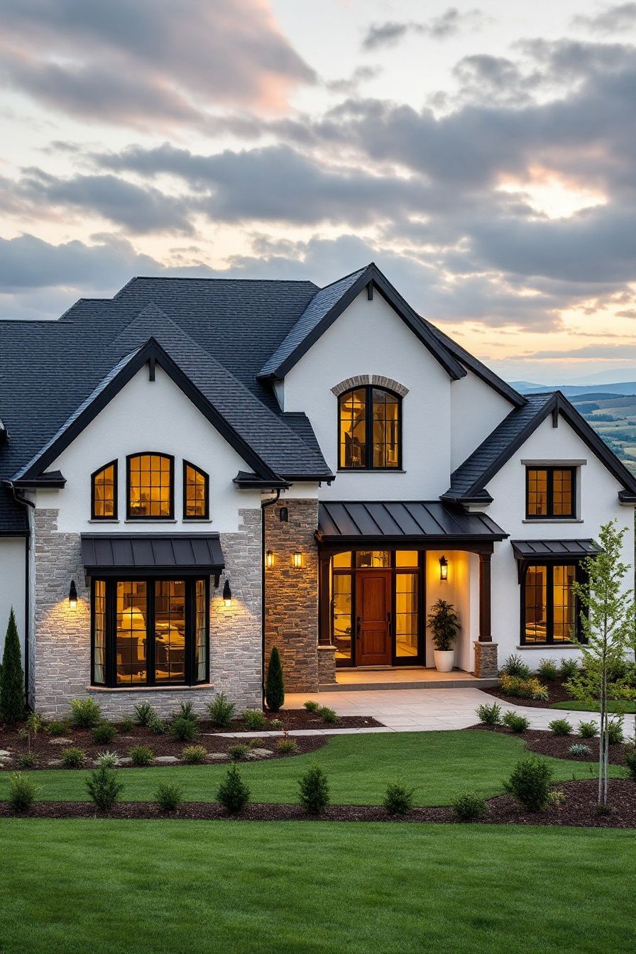 Brick and stone suburban house with gabled roof and manicured lawn