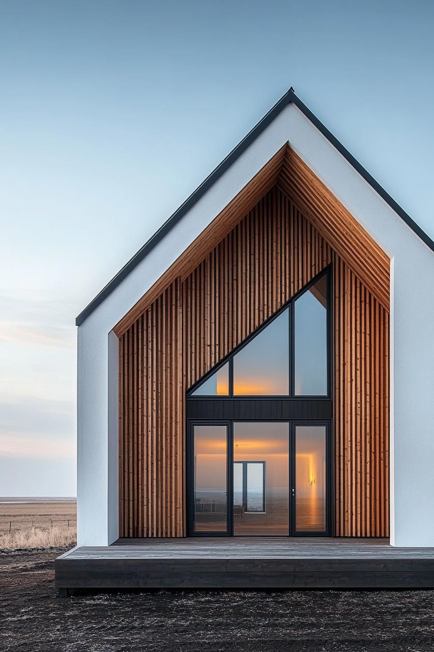 Wooden facade with large windows and a warm glow