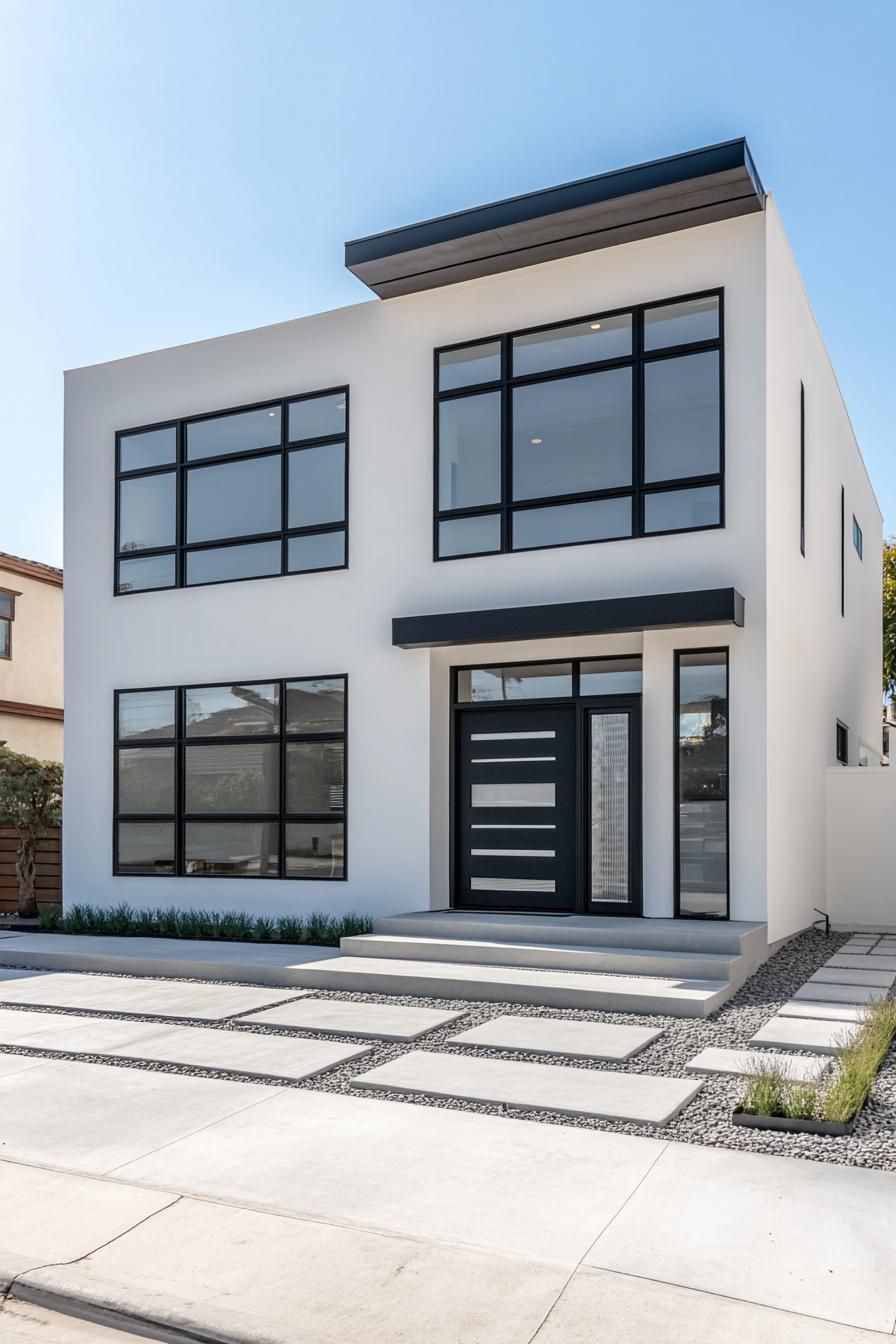 White facade with black window frames and modern design