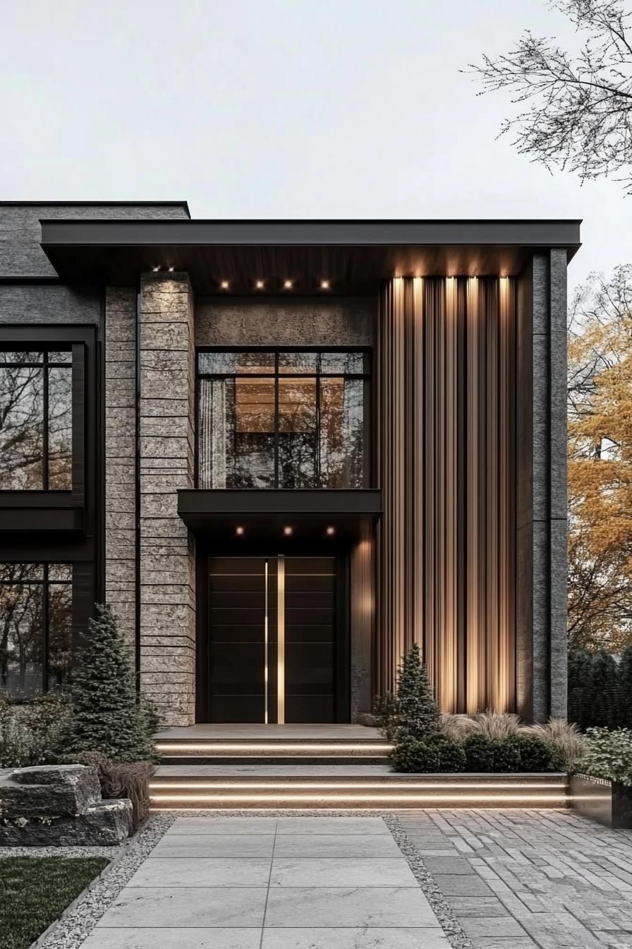 Modern house with stone, wood, and glass facade