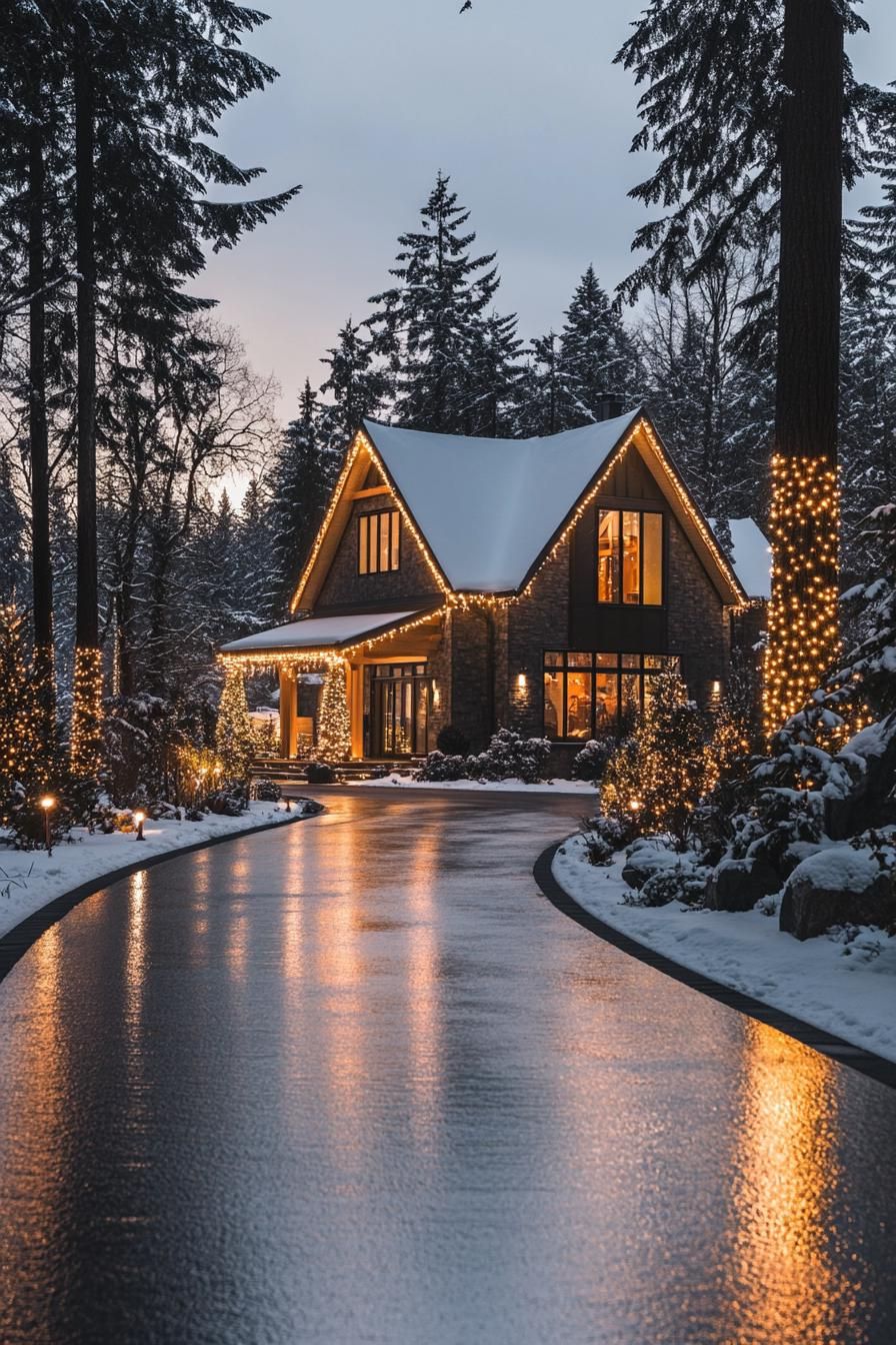 modern forest chalet with gabled roof wintertime with lots of snow wet driveway lined with string lights house trimmed with string lights front 3