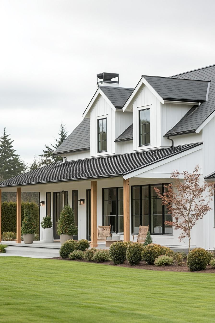 modern farmhouse with white siding white concrete foundation black multi pitched roof windows with black trim porch with natural wood beam posts