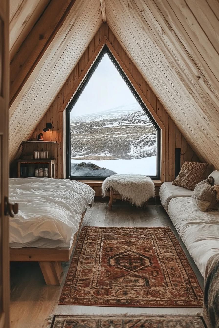 Interior of a Wooden Cabin with Large Triangular Window