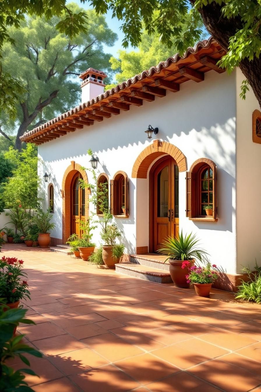 White villa with arched doors and terracotta tiles