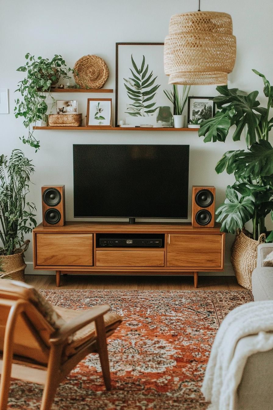 Living room with mid-century decor featuring a TV, plants, and wooden furniture