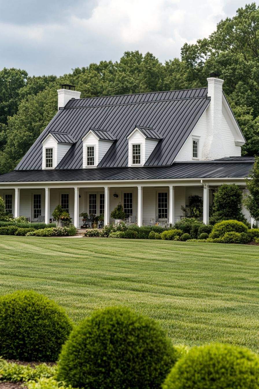 Colonial-style house with a metal roof and wraparound porch surrounded by lush greenery