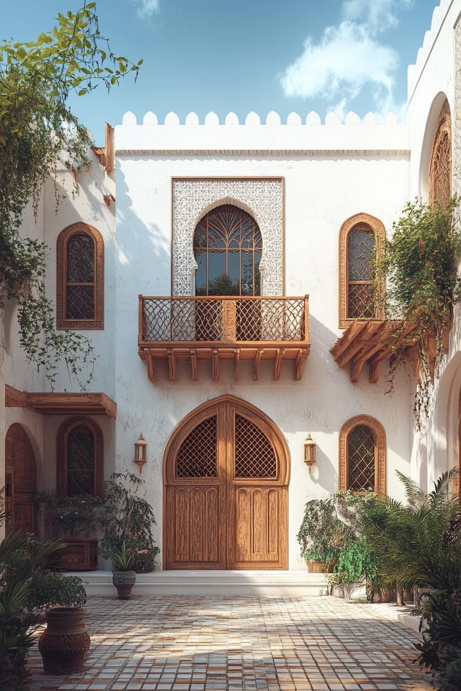 Traditional Arabic house with arches, wooden accents, and greenery