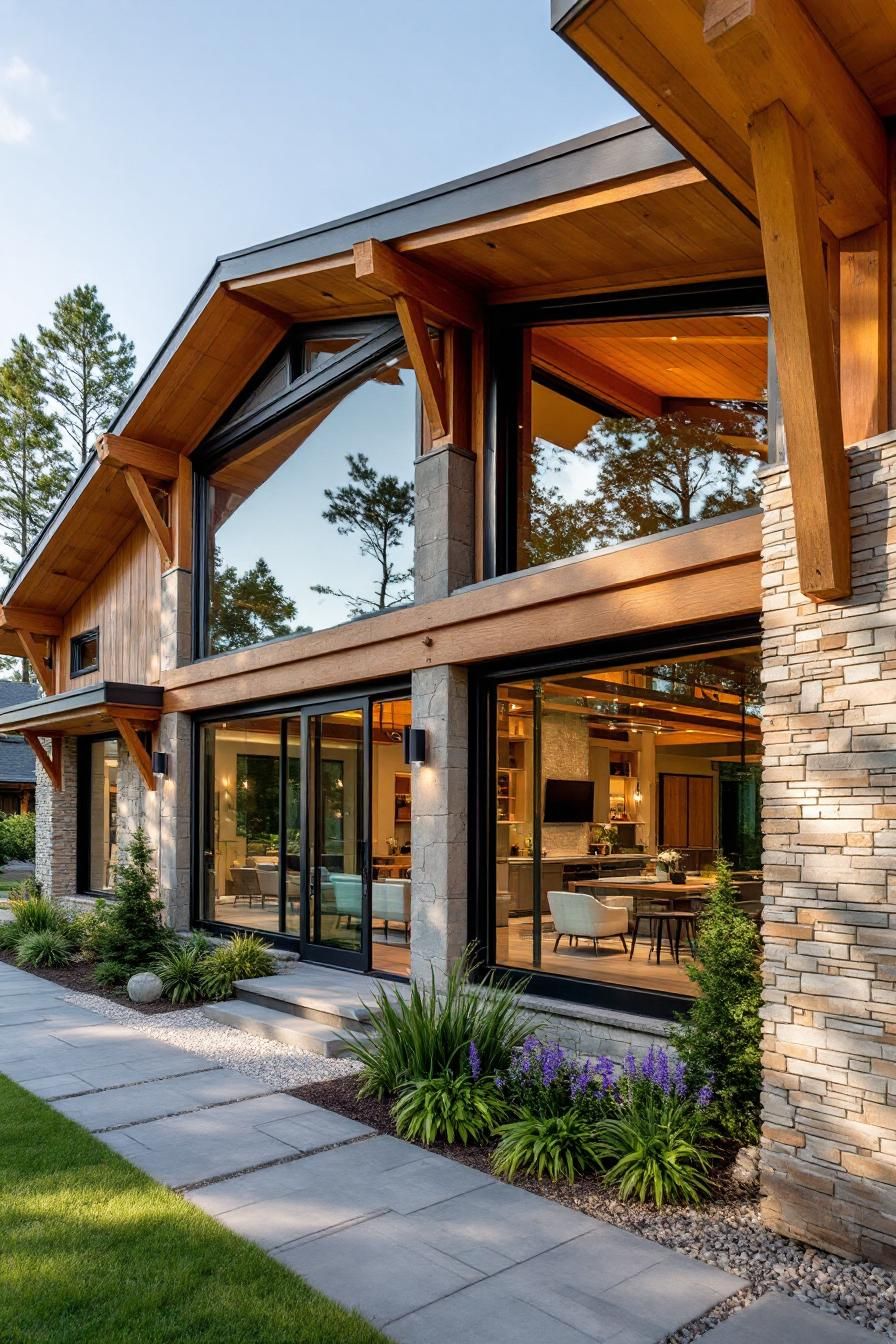 Modern ranch house with large windows and stone elements