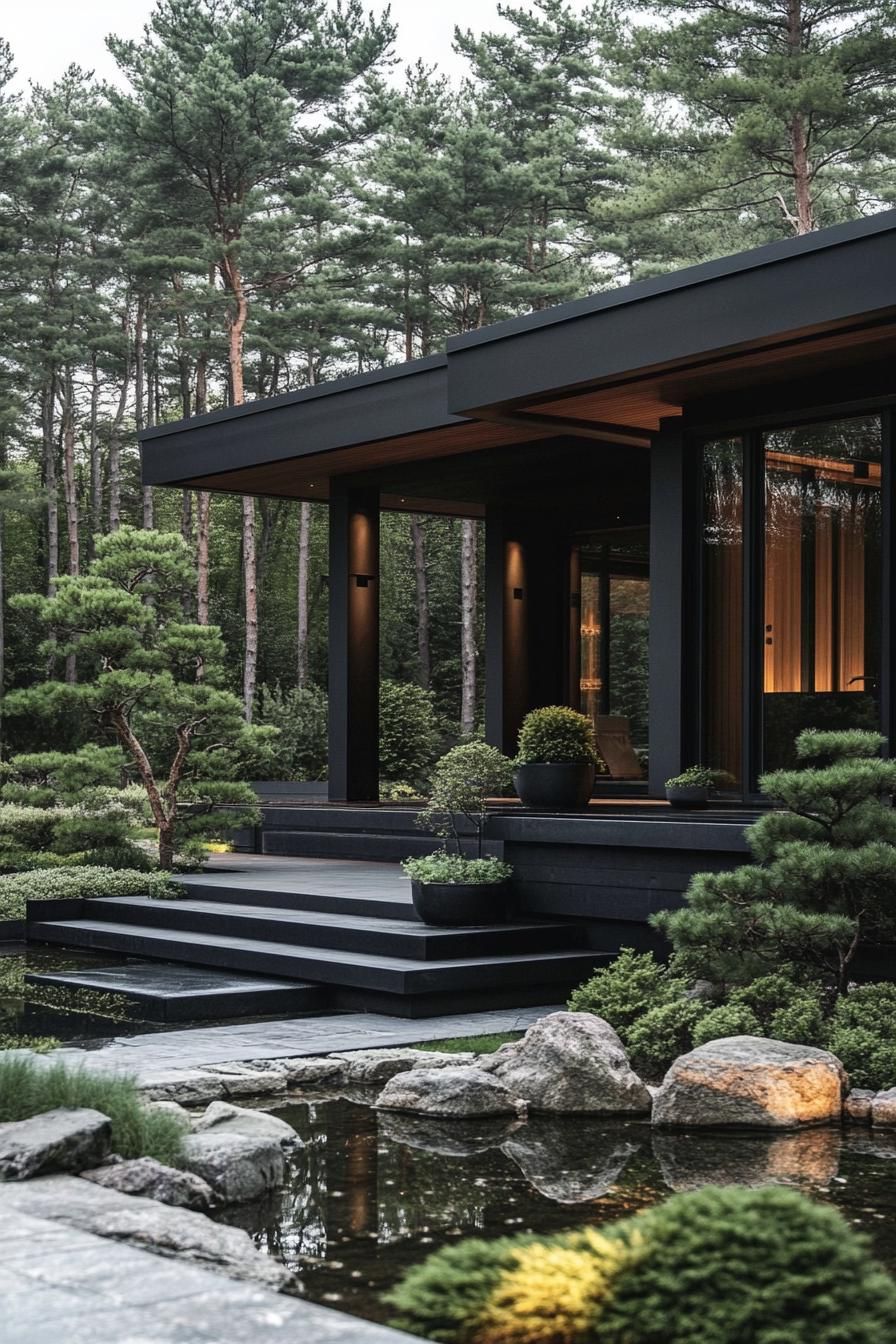 modern forest villa design black siding with dark wood accents front yard with a large modern arch with black outside and wooden inside large porch 3