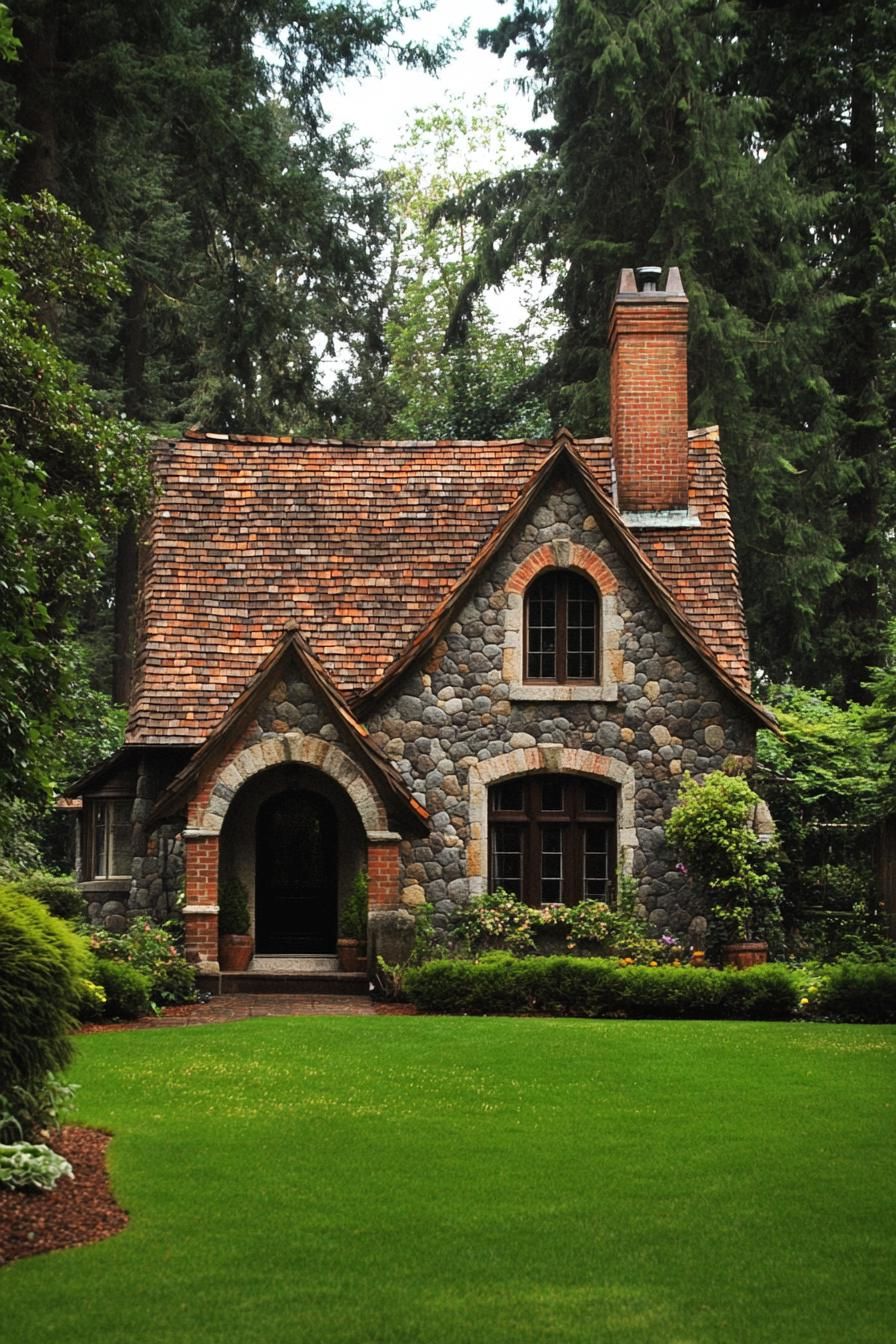 Charming stone cottage with red brick accents and lush greenery