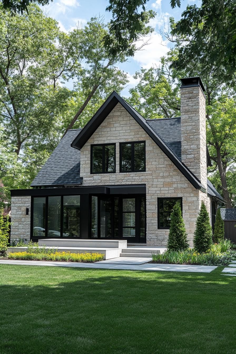 modern european cottage house with stone siding chimney multi pitched gabled roof with slate tile modern windows with black trim vines on facade 1