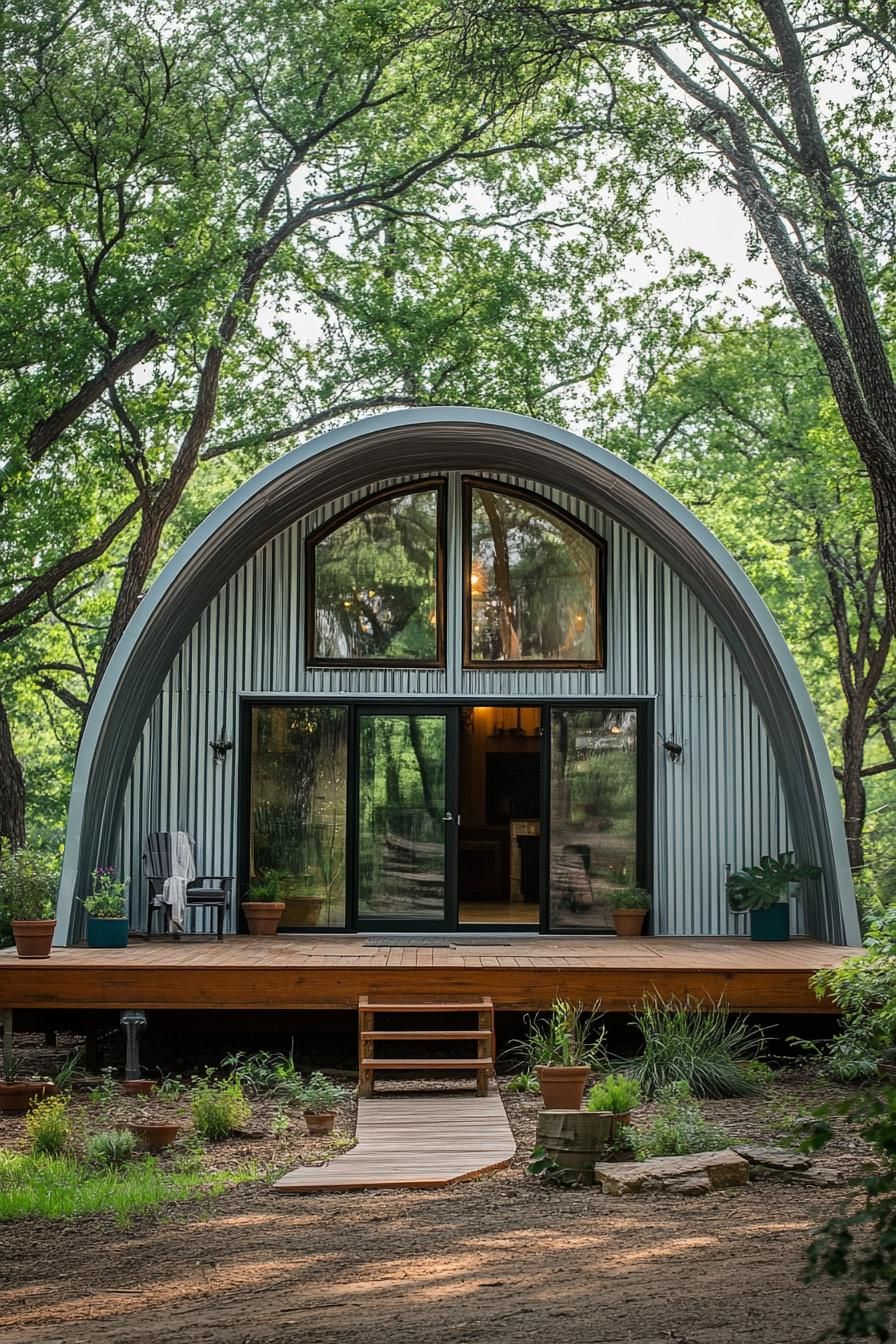 Arched metal home nestled in a forest clearing