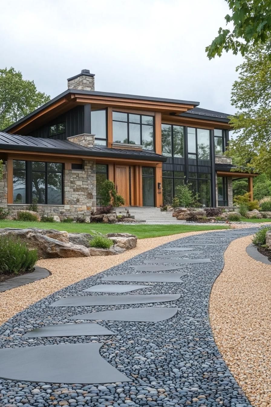 contemporary house exterior with stone mosaic and natural wood siding exposed beams multi pitch roof black metal roof large modern windows front