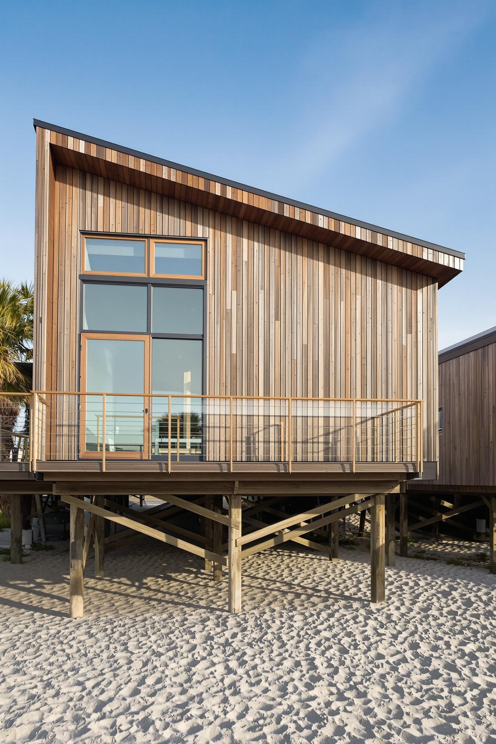 Wooden beach house on stilts with a slanted roof