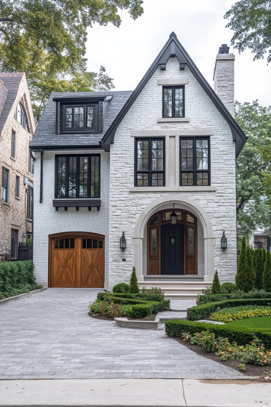 Modern Tudor house with brick, wood accents, and a manicured garden