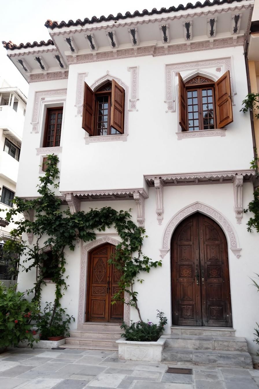 White building with wooden doors and windows