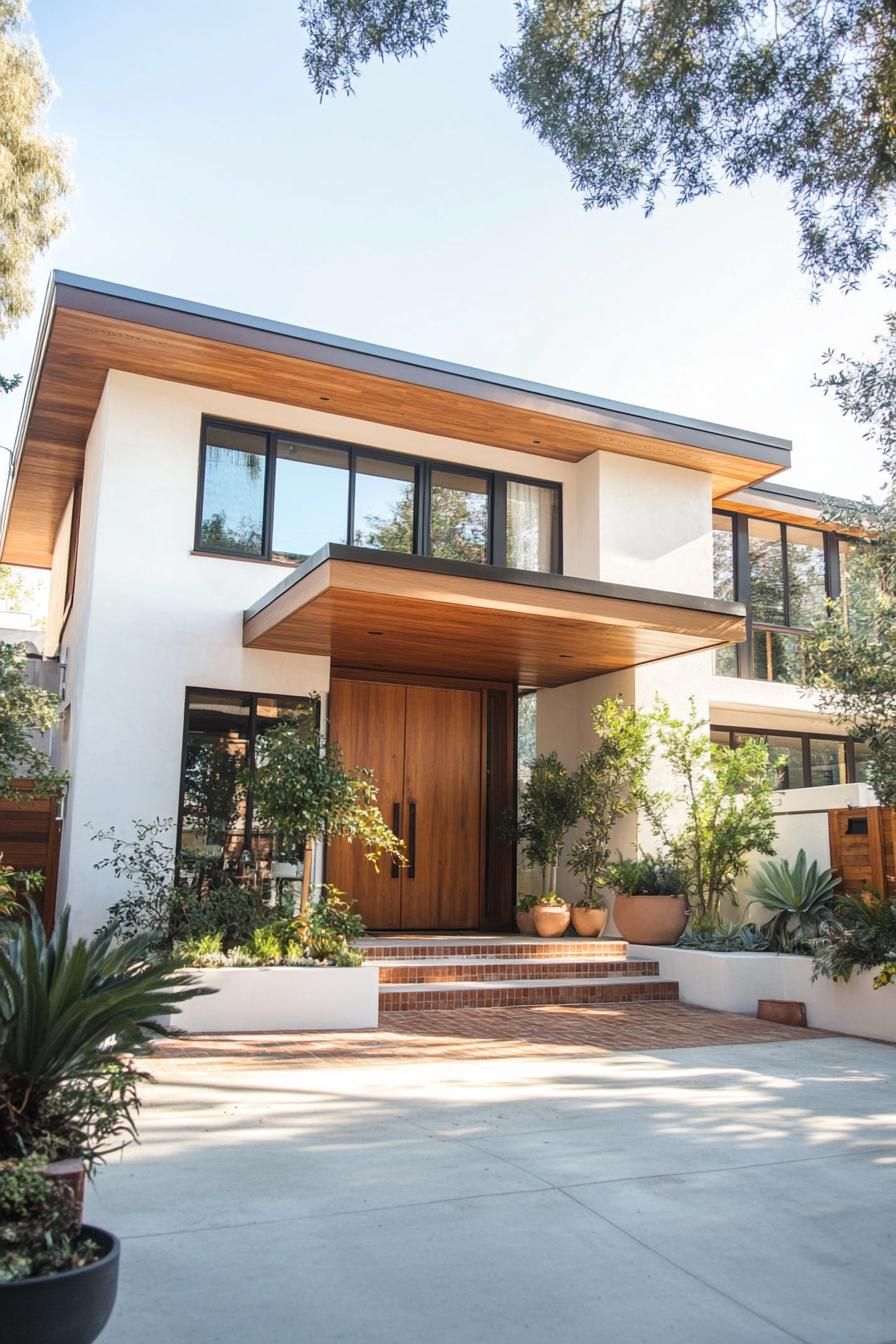 Contemporary Japanese house with wooden accents and greenery