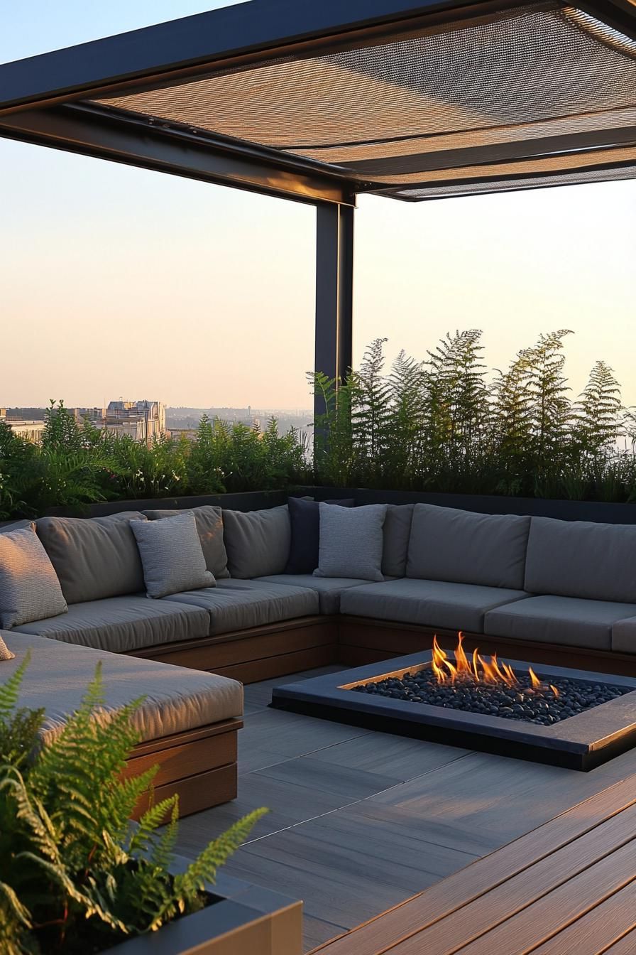 modern rooftop terrrace with sectional cushioned sofa raised wooden deck with gas firepit metal frame and glass screen fabric shade planted fern