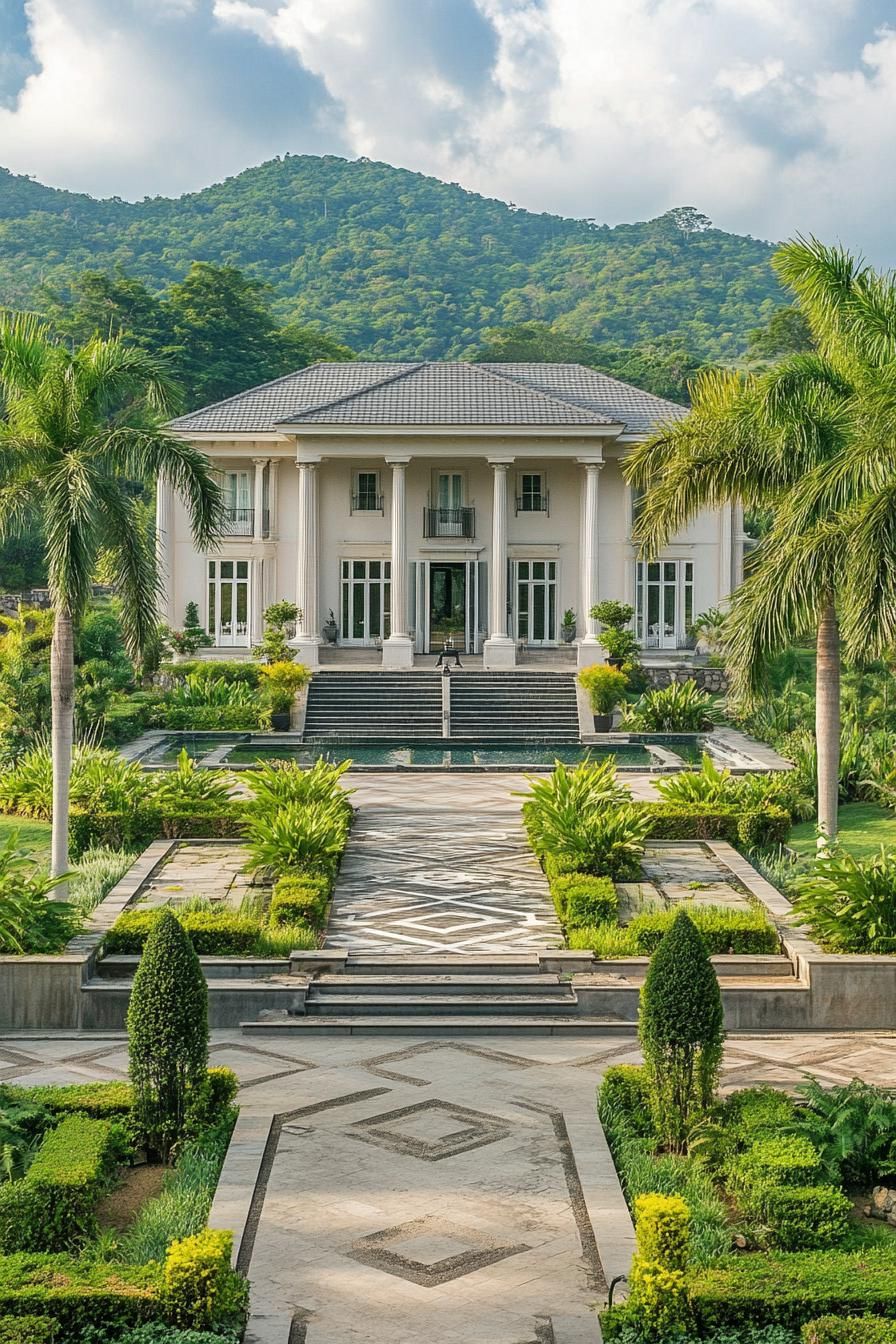 high angle view of Georgien style manor with grey roof facade with columns large front garden with geometric shrubs tall palms and paven paths with 2