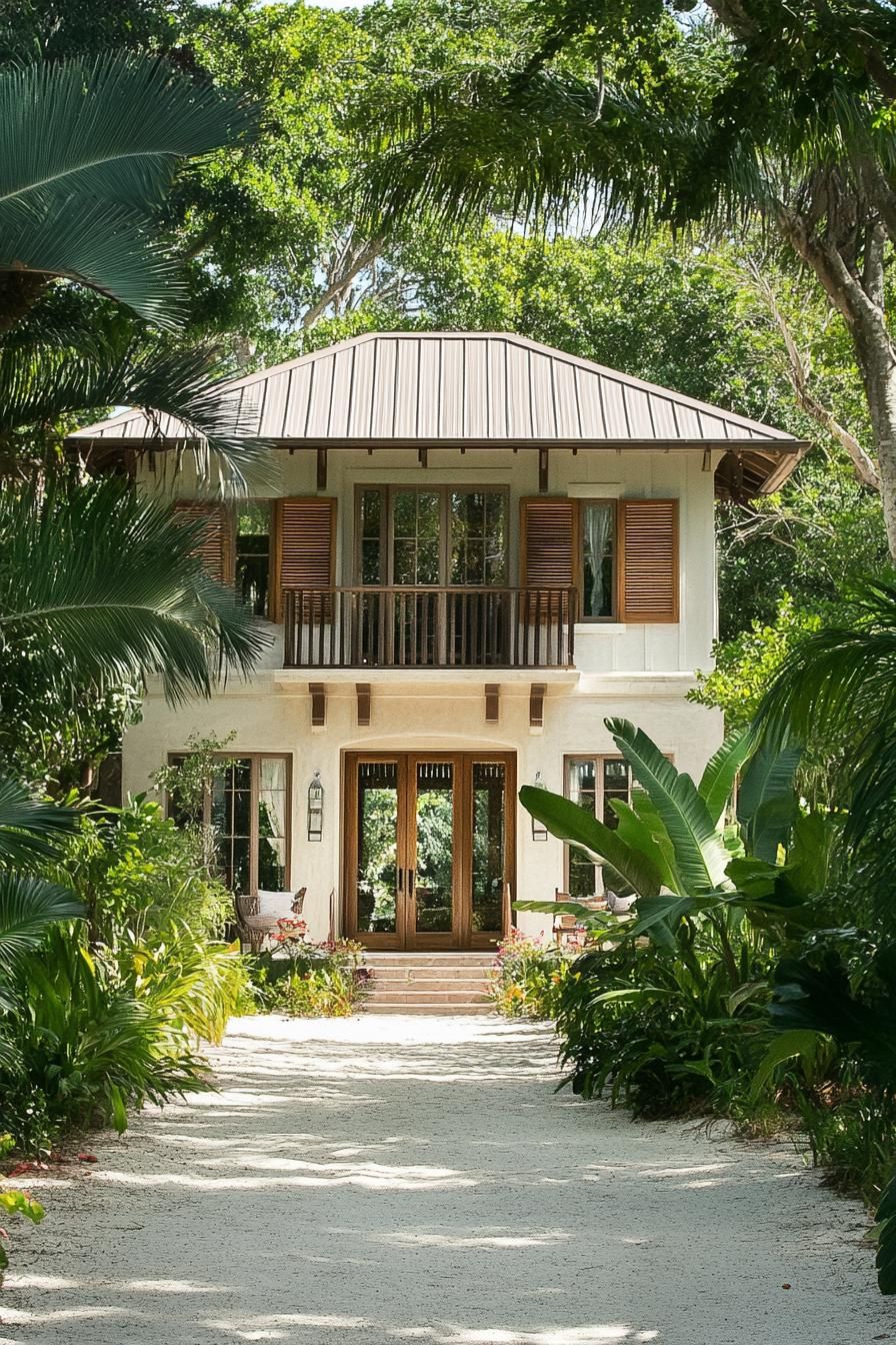 Two-story cottage surrounded by lush greenery with a sandy path