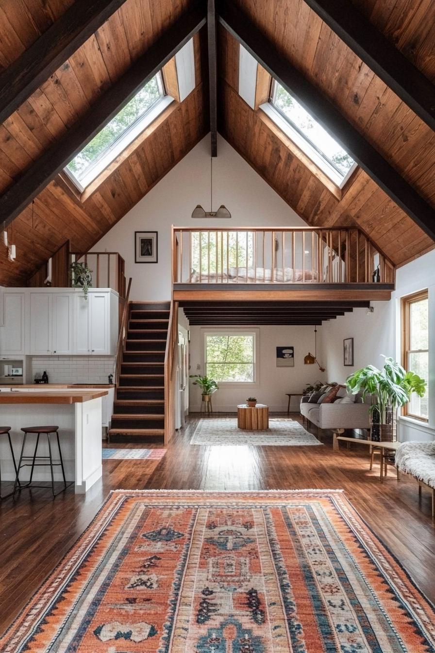 interior of a frame house with high ceiling in dark wood exposed wooden beams white walls kitchen on one side with shaker cabinets living area on 1